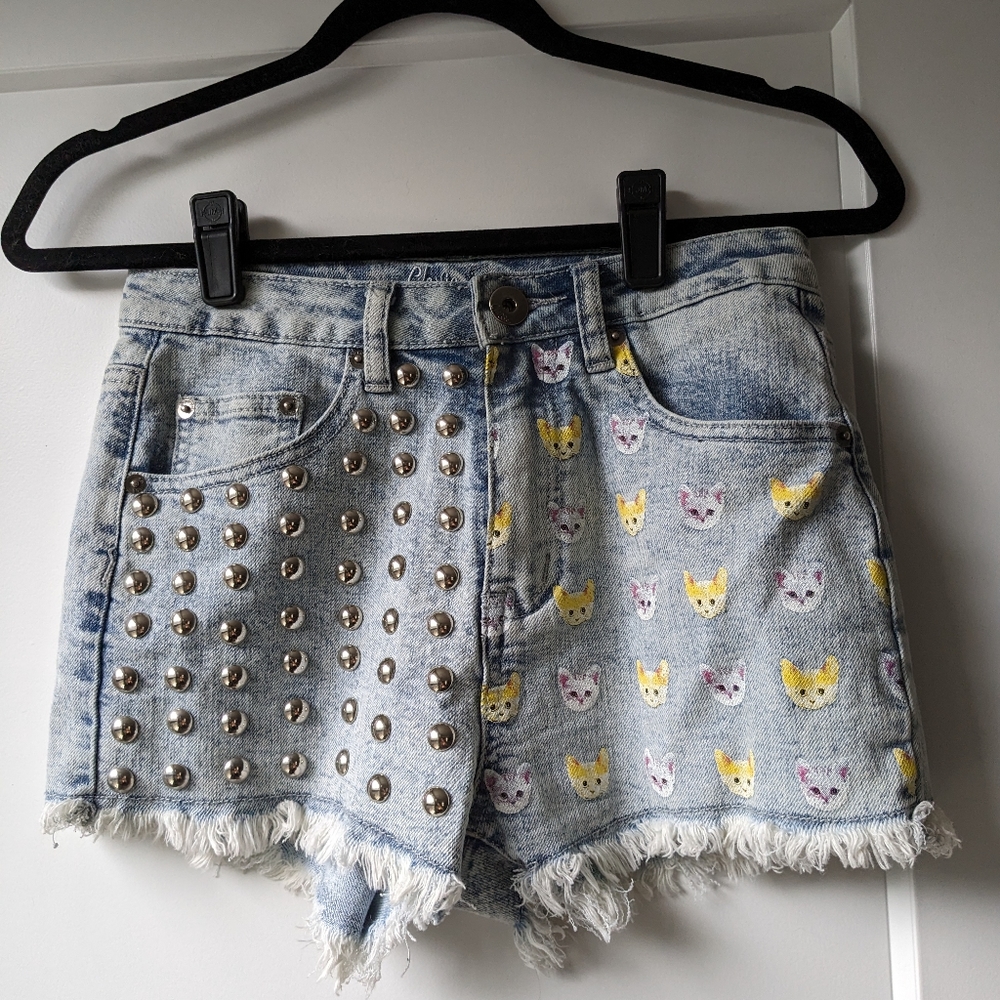 Denim Studded Cutoffs with Cat Print